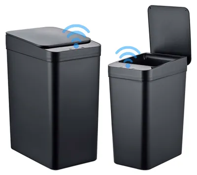 Produktbild von Relaxdays Mülleimer mit Sensor, 2er Set, 9L & 15L, elektrischer Deckel, Müllbeutelhalter, PP, Abfalleimer Küche, schwarz
