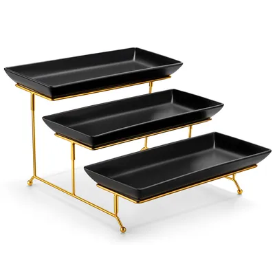 Produktbild von MALACASA 3-Stöckiges Porzellan Etagere Platte, Tortenständer, Cupcake Dessert Ständer, Kuchenständer Servierständer, Eckig, Schwarz
