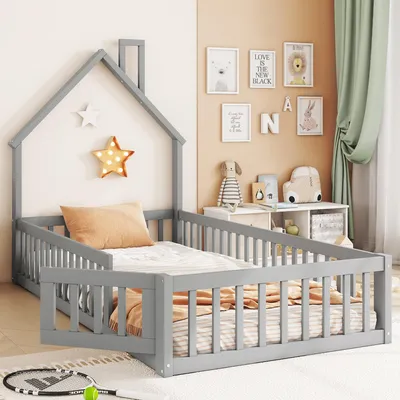 Produktbild von Hausbett, 90 x 200 cm, Kinderbett mit Schornsteinform, Bett mit Lattenrost (ohne Matratze), Kiefernholz, Minimalistischer Stil, Grau