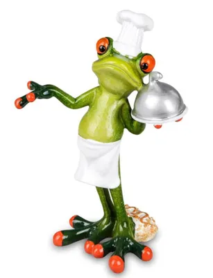 Eine niedliche Froschfigur, die als Koch verkleidet ist. Er trägt eine weiße Kochmütze und Schürze 