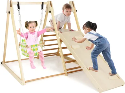 Produktbild von COSTWAY 4 in 1 Indoor Klettergerüst, Spielplatz mit Babyschaukel, Ruheplattform, Kletterrampe & Leiter, Kletterset, Holz-Kletterdreieck für Kinder 1+