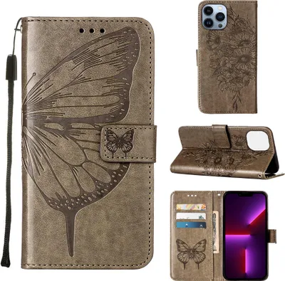 Produktbild von iPhone 13 Pro Hülle, Schmetterling Prägung Flip Leder Kartenfächer Schutzhülle Ledertasche mit Ständer für iPhone 13 Pro Grau