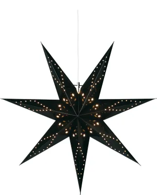 A black star-shaped paper lantern with small lights inside, suspended by a white cord against a white background.