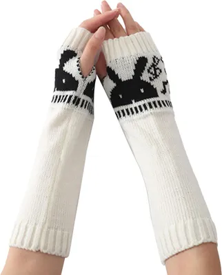 Produktbild von Damen Winter Fingerlose Handschuhe Strick Armwärmer Daumenloch Fäustlinge mit Kaninchenmuster