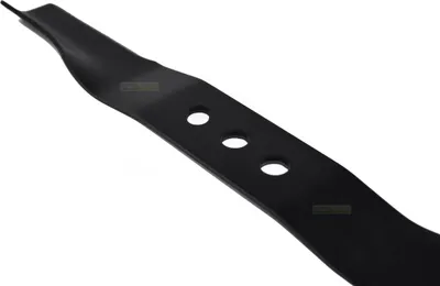 A black lawnmower blade is shown against a white background.