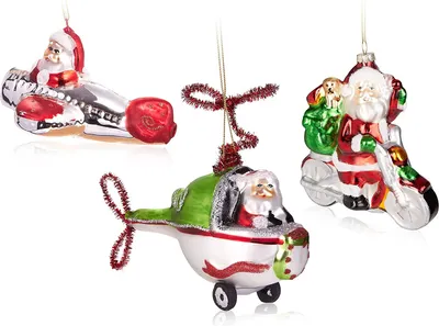 Immagine prodotto di BRUBAKER Set di 3 pezzi Babbo Natale in viaggio - Babbo Natale dipinto a mano con moto, aereo ed elicottero - Decorazioni per albero di Natale in vetro soffiato a bocca Decorazioni per albero divertenti
