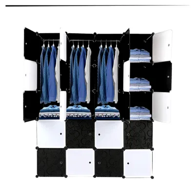 Produktbild von Kleiderschrank aus Kunststoff, DIY Regalsystem, Tragbarer Garderobenschrank, Regal mit Türen, Steckregal mit 20 Würfeln, 3 Kleiderstangen, Weiß & Schwarz, 142x47x178cm