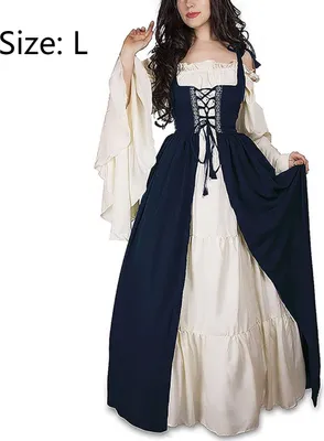 Produktbild von Damen Mittelalterliche Kleid mit Trompetenärmel Mittelalter Party Kostüm Maxikleid, blau, L