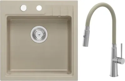 Produktbild von VBChome Spülbecken Granit Beige 52 x 50 cm Beige flexible Armatur Granitspülbecken Einzelbecken Einbauspüle Gesprenkelt Siphon