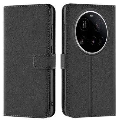 A black book-style phone case is shown from the front and back.