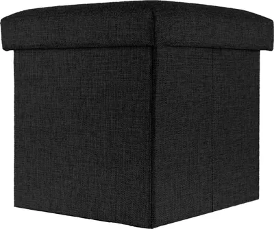 A black fabric storage ottoman is shown from a three-quarter angle against a white background.