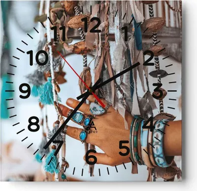 Produktbild von Wanduhr - Quadrat - Glasuhr - Hand Schmuck ethnisch - 40x40cm - Schleichendes Uhrwerk - Lautlos - zum Aufhängen bereit - Dekoration Modern - Wanddekoration aus Glas - C4AC40x40-5107