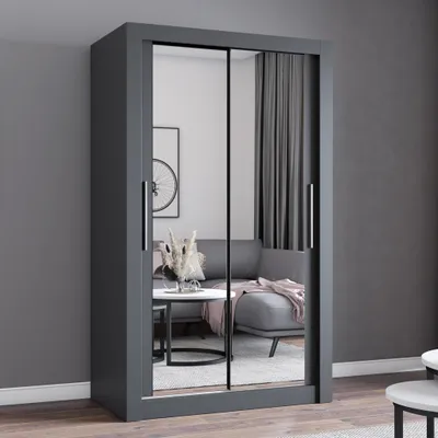 Produktbild von Schwebetürenschrank Kleiderschrank Schrank 120cm Grau/Grau mit zwei Spiegeln MILAN
