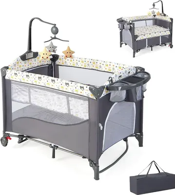 Produktbild von COSTWAY 5 in 1 Babybett, Reisebett Baby mit Matratze, Beistellbett höhenverstellbar mit Wickeltisch, Sicherheitsgurt, Spieluhr & Hängespielzeug, Stubenwagen Babywiege mit Rollen für Kleinkinder, Grau