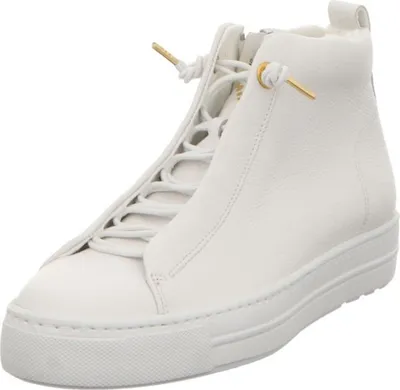 A single white high-top sneaker is shown from a three-quarter front view against a plain white background.