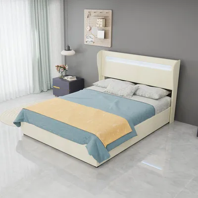 Produktbild von Zerbaco Polsterbett mit LED-Beleuchtung, 140x200 cm, Doppelbett, mit Bettkasten, hydraulisch, beige, mit Lattenrost, ohne Matratze