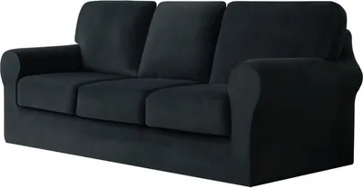 Produktbild von (Schwarz) 7-teiliger Stretch-Sofabezug, 3-Sitzer-Couchbezug mit separaten Rückenlehnen und Kissen mit Gummiband