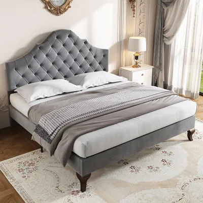 Image de OKWISH Lit Double 140x200 cm - Lit Capitonné en Velours avec Tête Réglable et Sommier en Bois - Design Moderne - Gris - Sans Matelas