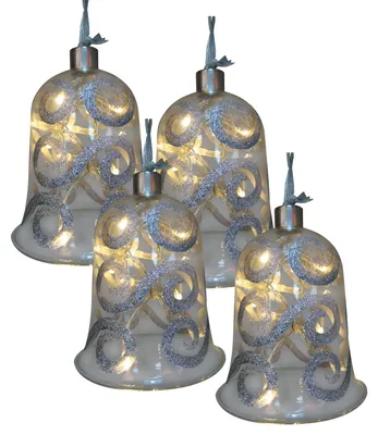 Produktbild von 4er-Set LED Dekoglas mit Lichterkette "GLOCKE", Weihnachtsdeko im Romantic Style, aus Metall und Glas in silber, 13 cm hoch, Ø 11 cm, mit LED Platine – für Innenräume – Batteriebetrieb – Schiebeschalter