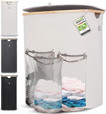Produktbild von Wäschesammler mit 3 Fächern – Kleidersortierer – Zum Sortieren der Wäsche – Mit Deckel – 150 Liter – Beige
