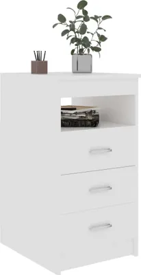 A white wooden sideboard with three drawers and an open shelf, shown against a white background. A potted plant and a small container with pens are on top of the sideboard.