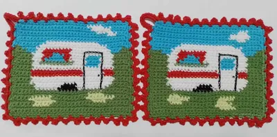 Produktbild von 1 Paar Topflappen Wohnwagen, Handarbeit gehäkelt Baumwolle, Camping, Camper