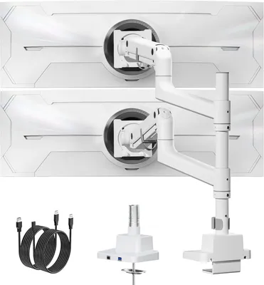 Immagine prodotto di Supporto monitor ultra-ampio a due bracci, adatto a schermi da 17 a 57 pollici e con un peso massimo di 27 kg, realizzato in alluminio, dotato di sistema a gas per un sollevamento verticale fluido, compatibile con schermi curvi e regolabile in altezza