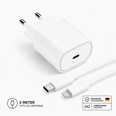Produktbild von Schnellladegerät Netzteil USB-C Universal 25W mit Ladekabel – Für iPhone, Samsung , etc. – Weiß / Lightning 2 Meter
