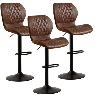 Image de Tabourets de bar avec dossier, pivotants à 360°, réglables en hauteur, revêtus en similicuir PU, couleur marron, lot de 3