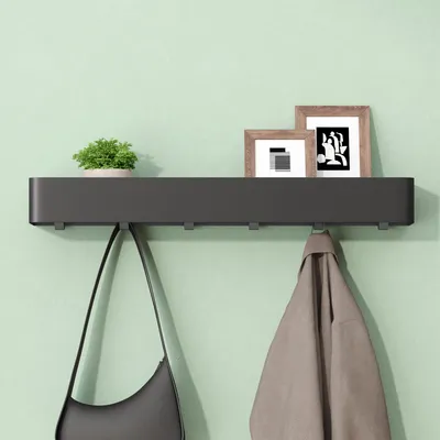 Produktbild von Mai & Mai Wandgarderobe mit Ablage und 6 Haken, Garderobenleiste 60 cm zur Wandmontage, Kleiderhaken für Flur, Badezimmer Sandschwarz Reglo-05