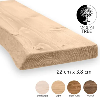 Zdjęcie produktu dla MoonTree | rustykalna drewniana półka ścienna Aksel, 110cmx22cmx3,8cm, jasny brąz | Półka wisząca, półka ścienna drewniana do salonu, kuchni