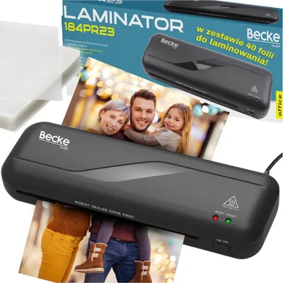 A collage showing a laminator, its packaging, and sample laminated photos of a family.