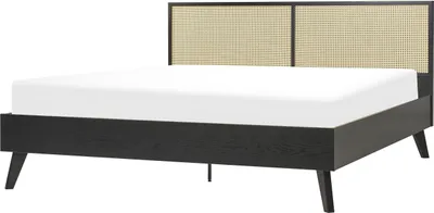 Produktbild von BELIANI Bett Schwarz Pappel-Faserplatte mit Lattenrost 180 x 200 cm Holzbeinen Hohem Kopfteil aus Wiener Geflecht Modern Schlafzimmer Möbel Doppelbett