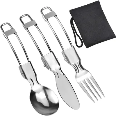 Produktbild von Klappbesteck 3-teilig, Edelstahl, für Camping, mit Aufbewahrungstasche