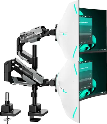 Immagine prodotto di Supporto per monitor ARES WING per 2 monitor, con braccio, da posizionare uno sopra l'altro, compatibile con schermi piatti e curvi da 24 a 57 pollici, con capacità di carico fino a 27/22 kg. Supporto per monitor a due schermi