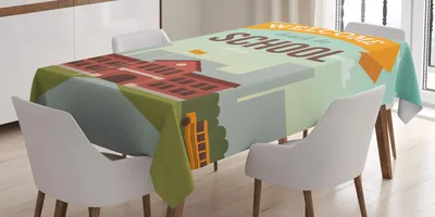 Zdjęcie produktu dla ABAKUHAUS Obrus szkolny, motyw „Witaj w szkole” Budynek z flagą Nauka Nauczanie Lekcje, 140 x 200 cm, wielokolorowy