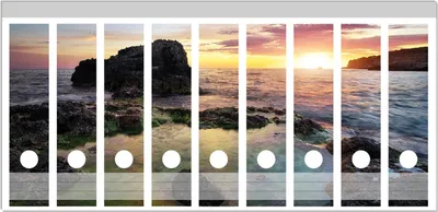 Produktbild von Wallario Ordnerrücken Sticker, selbstklebend für breite Ordner, 9 Stück, Motiv Felsige Küste bei Sonnenuntergang