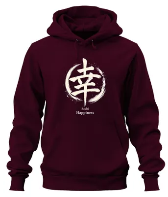 Productafbeelding van Sachi Happiness Glück, Japanse Kanji, Meditatie, Enso hoodie, sweater met capuchon, bordeauxrood, maat S