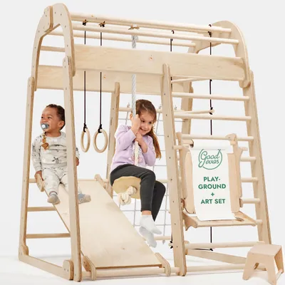 Produktbild von Montessori Klettergerüst aus Holz mit Rutsche, Schaukel, Kletterwand, Seil, Strickleiter & Kunstset – Indoor Spielplatz für Kinder 3-8 Jahre