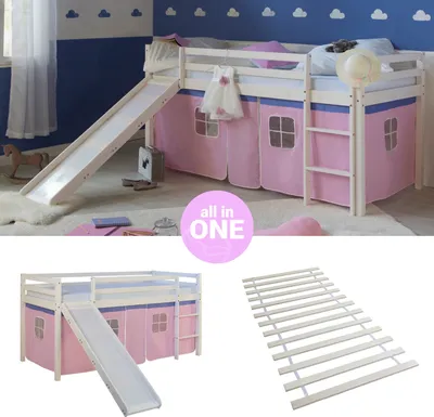 Produktbild von Homestyle4u 2552, Hochbett 90x200 Rutsche Lattenrost Vorhang rosa Kinderbett Weiß Holz Kiefer Massiv Stockbett