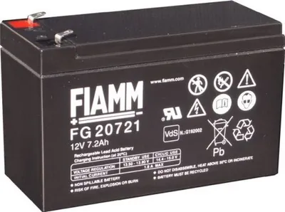 A black rechargeable lead-acid battery with labels and symbols.