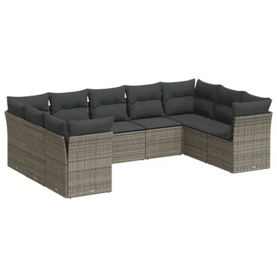 Produktbild von 9-tlg. Garten-Sofagarnitur mit Kissen Grau Poly Rattan