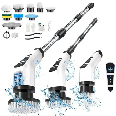 Produktbild von Elektrische Reinigungsbürste, elektrische Fugenbürste, mit 9 austauschbaren Aufsätzen und verstellbarem Griff, für Bad, Küche, Auto und Boden