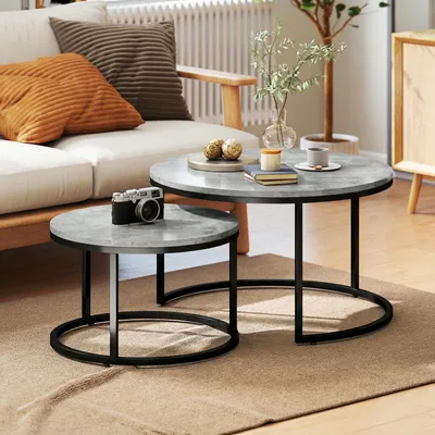 Produktbild von Couchtisch Set 2er, Beistelltisch stapelbar, Kaffeetisch rund mit Metallgestell, Grau | 78,5 x 78,5 x 46,5 cm | MDF Zementoptik | platzsparend