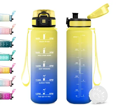 Produktbild von Trinkflasche 500ml Auslaufsicher mit Filter und Zeitmarkierung, Sportflasche