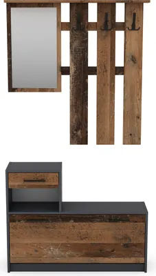 A coat rack with a mirror and a bench with storage.