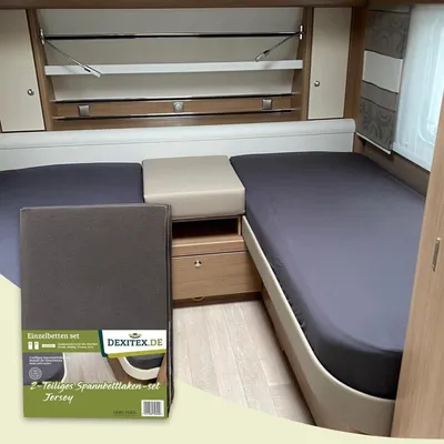 Produktbild von Dexitex Spannbettlaken 2er Set – Einzelbetten & Längsbett Wohnwagen/Fendt – Spannbettlaken Wohnmobil & Caravan – 100% Jersey-Baumwolle – Dunkelgrau