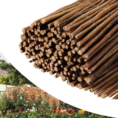 A collage showing a close-up of a rolled-up bamboo fence and a garden scene with a brick wall and flowers.