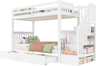 Produktbild von 90*200cm Etagenbett, Treppenregal, ausgestattet mit zwei Schubladen, hohe Geländer,weiß