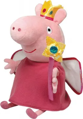A plush toy of Peppa Pig dressed as a princess, holding a magic wand.